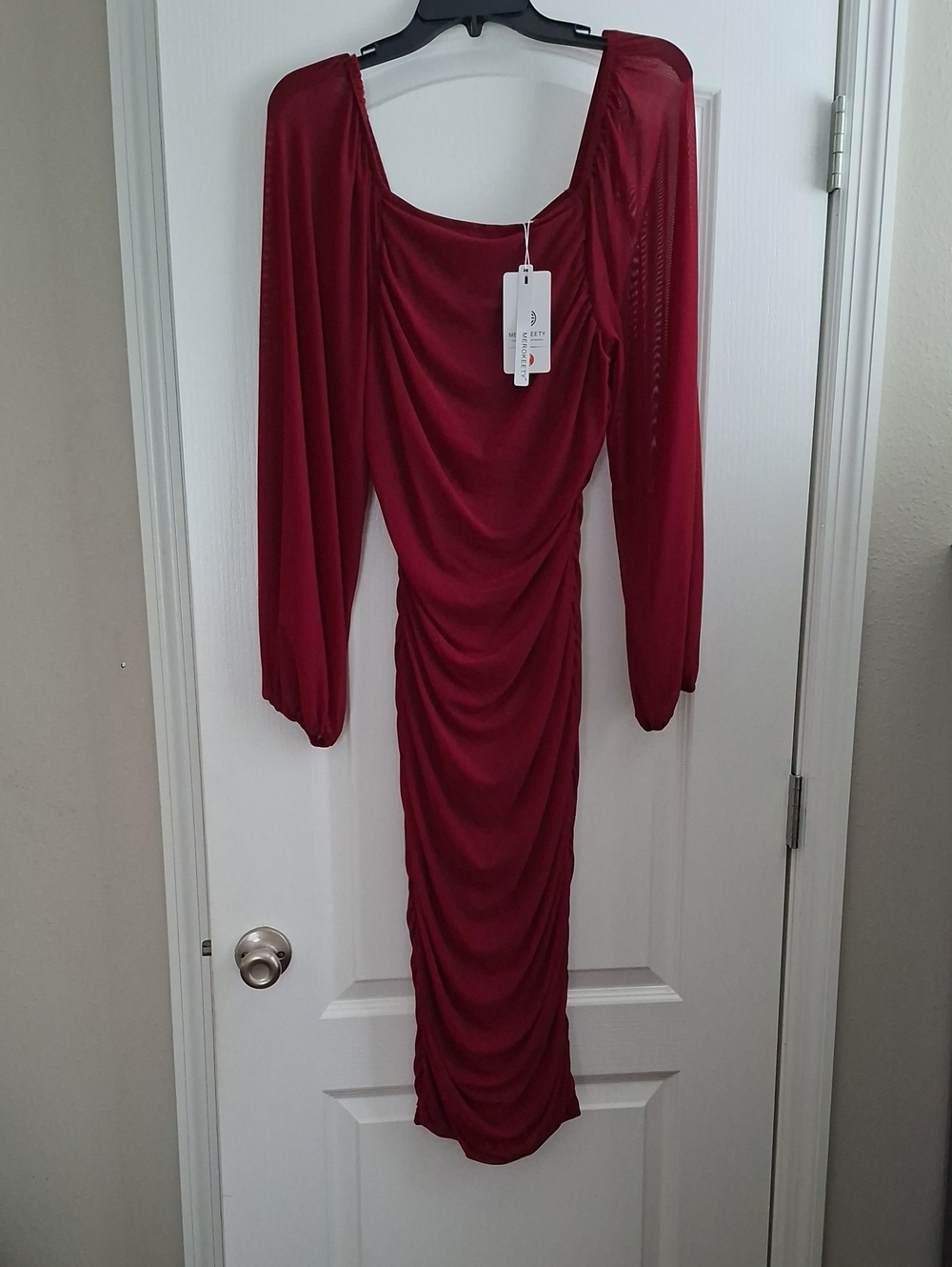 NWT Red Mesh Long Sleeve Ruched Bodycon Midi Dress - Size L